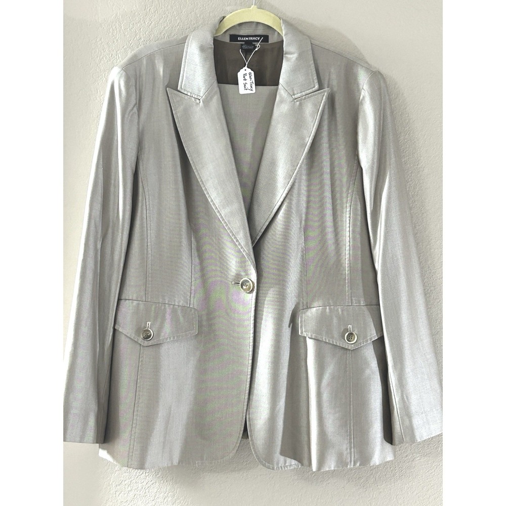 Ellen Tracy 2-Piece Pantsuit Set Silver Grey Metallic Satin Blazer Trousers 18